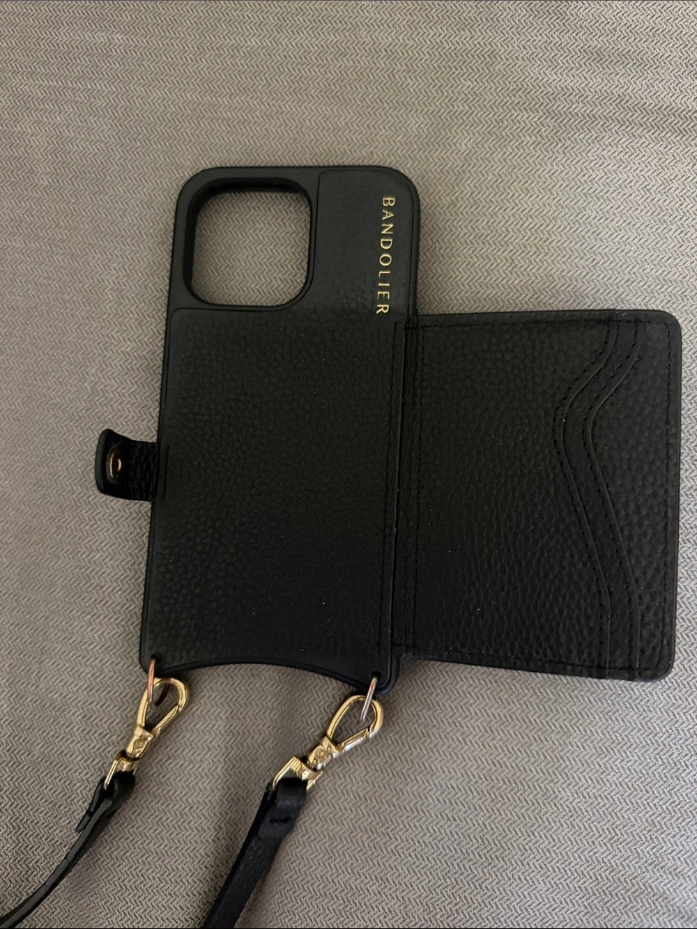 Bandolier Black Leather Crossbody Phone Case with Gold Hardware for 13pro